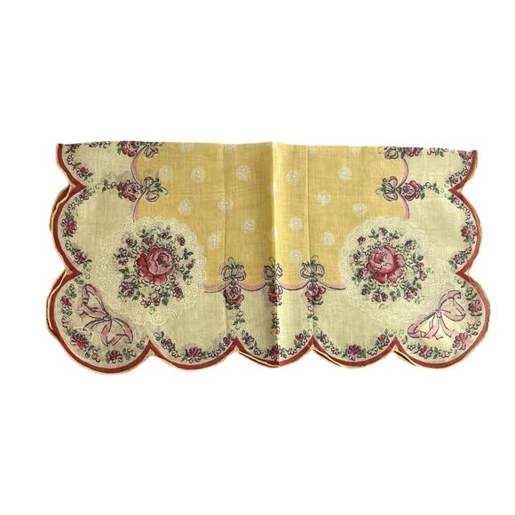 1960s Yellow Red Pink Blooming Rose Flower Scallop Edge Lady’s Handkerchief - Picture 3 of 8